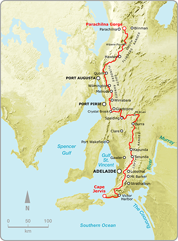 Relief map of the Heysen Trail showing the trail and nearby towns.